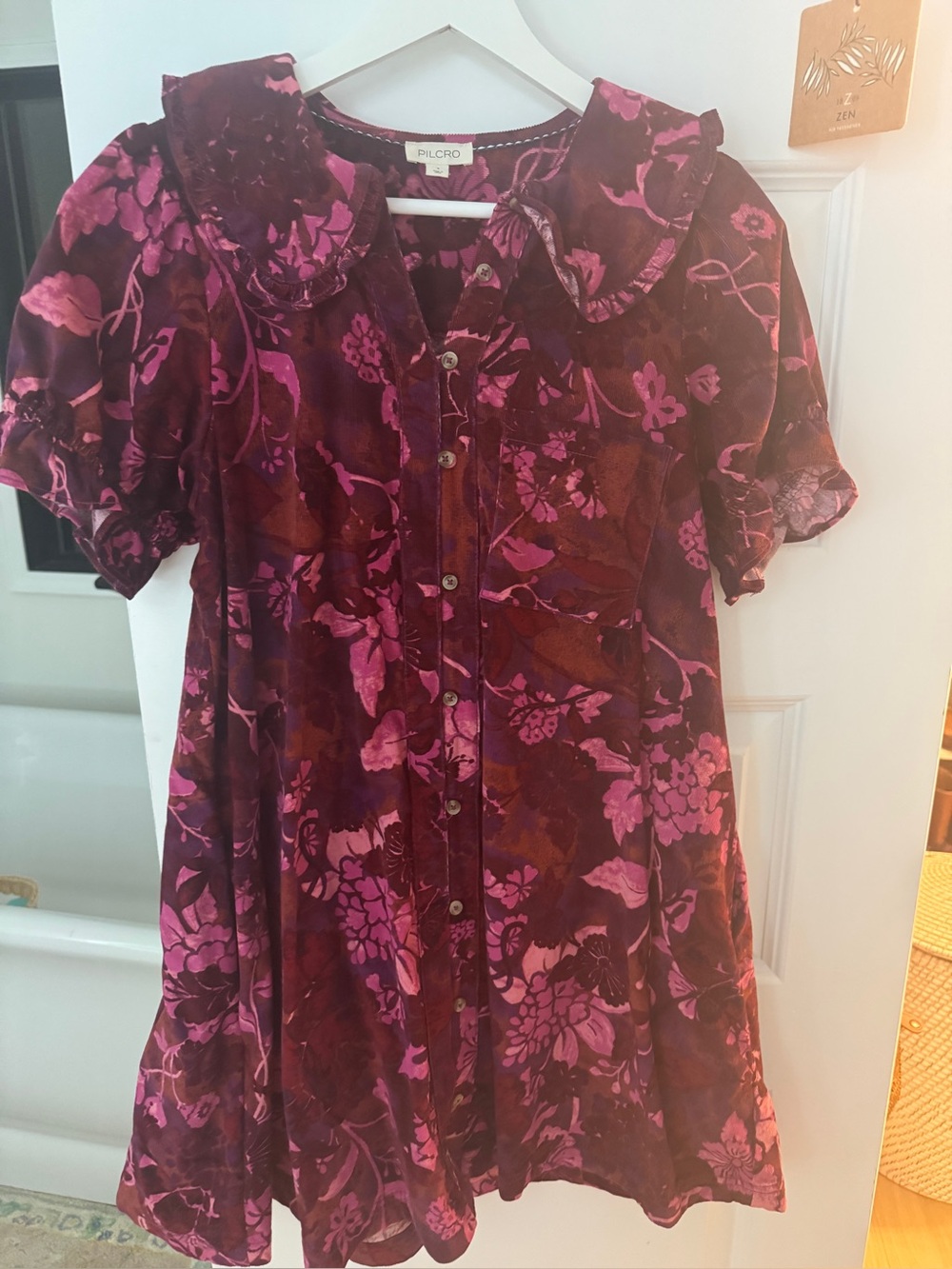 Pilcro Anthro Keira Floral Corduroy Mini Dress S Peter Pan Collar Puff Sleeve - Picture 5 of 6